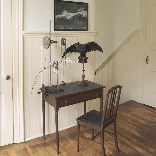 white hallway, table with flying bird and bird skeleton, machine