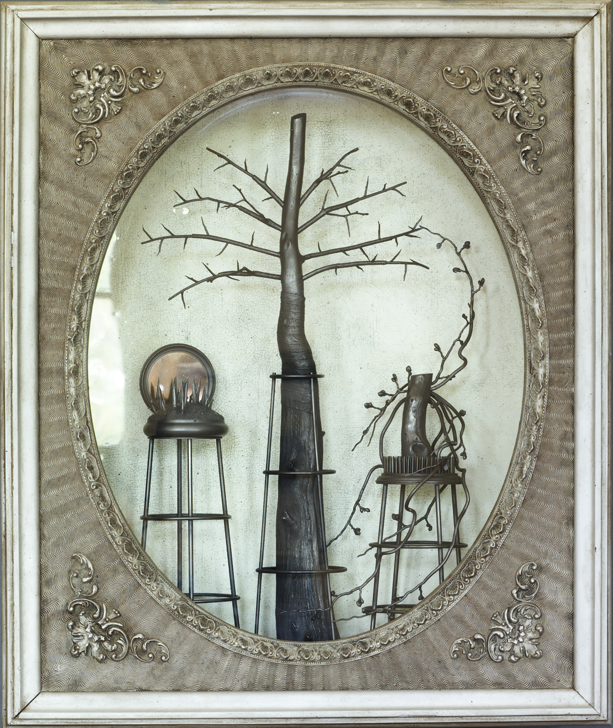 Shadowboxes_silver oval frame tree and vines in cage structures