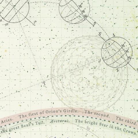 Starry Transit_text panel with five orbiting spheres